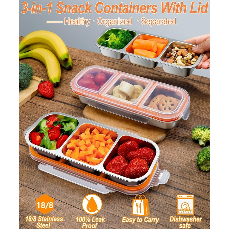 3 Pack Stainless Steel Snack Containers, 3 Compartment Metal Bento