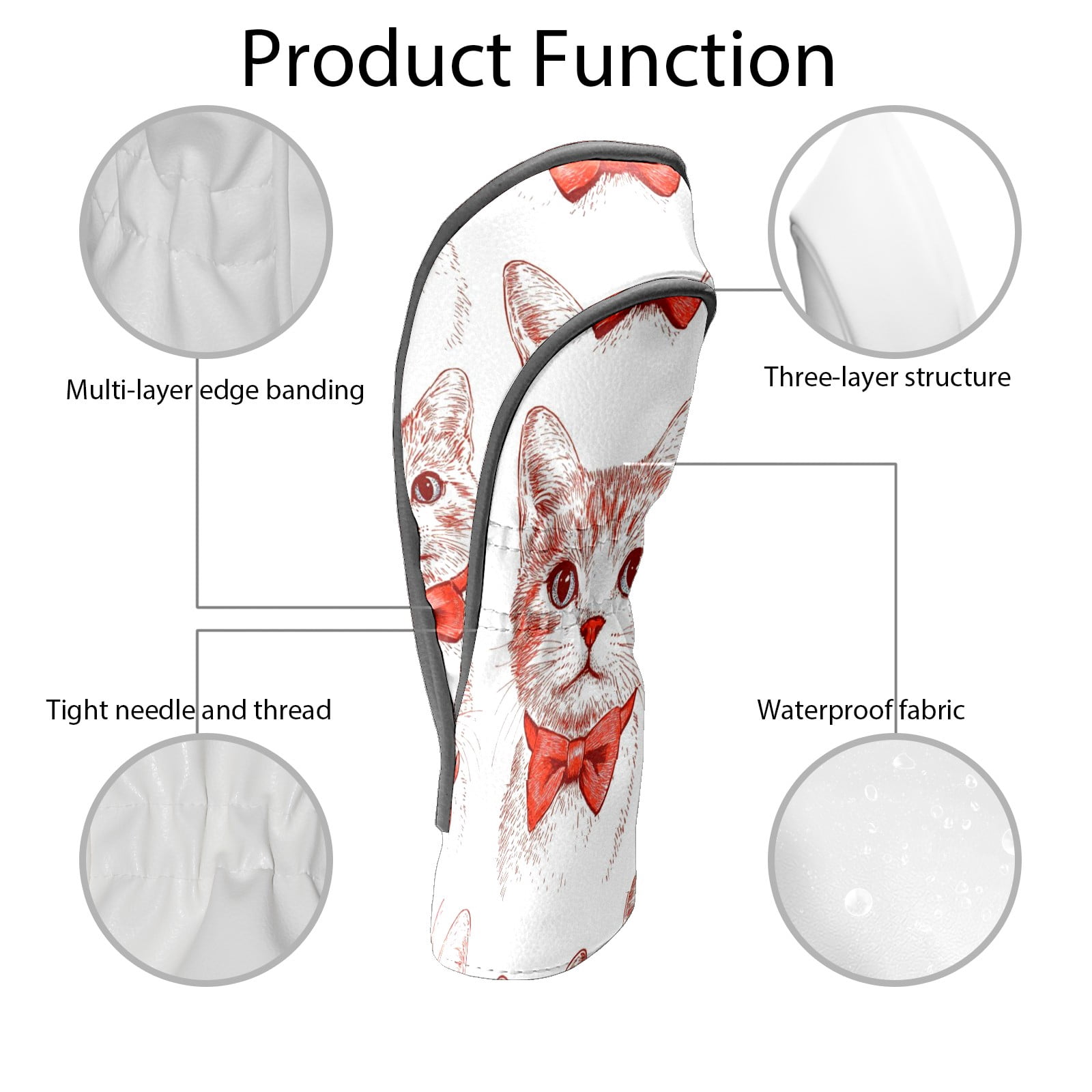 Golf Club Covers PU Leather Waterproof Head Covers for Fairway Woods Hybrids Cat With Bow Tie Unisex Fits Most Brands