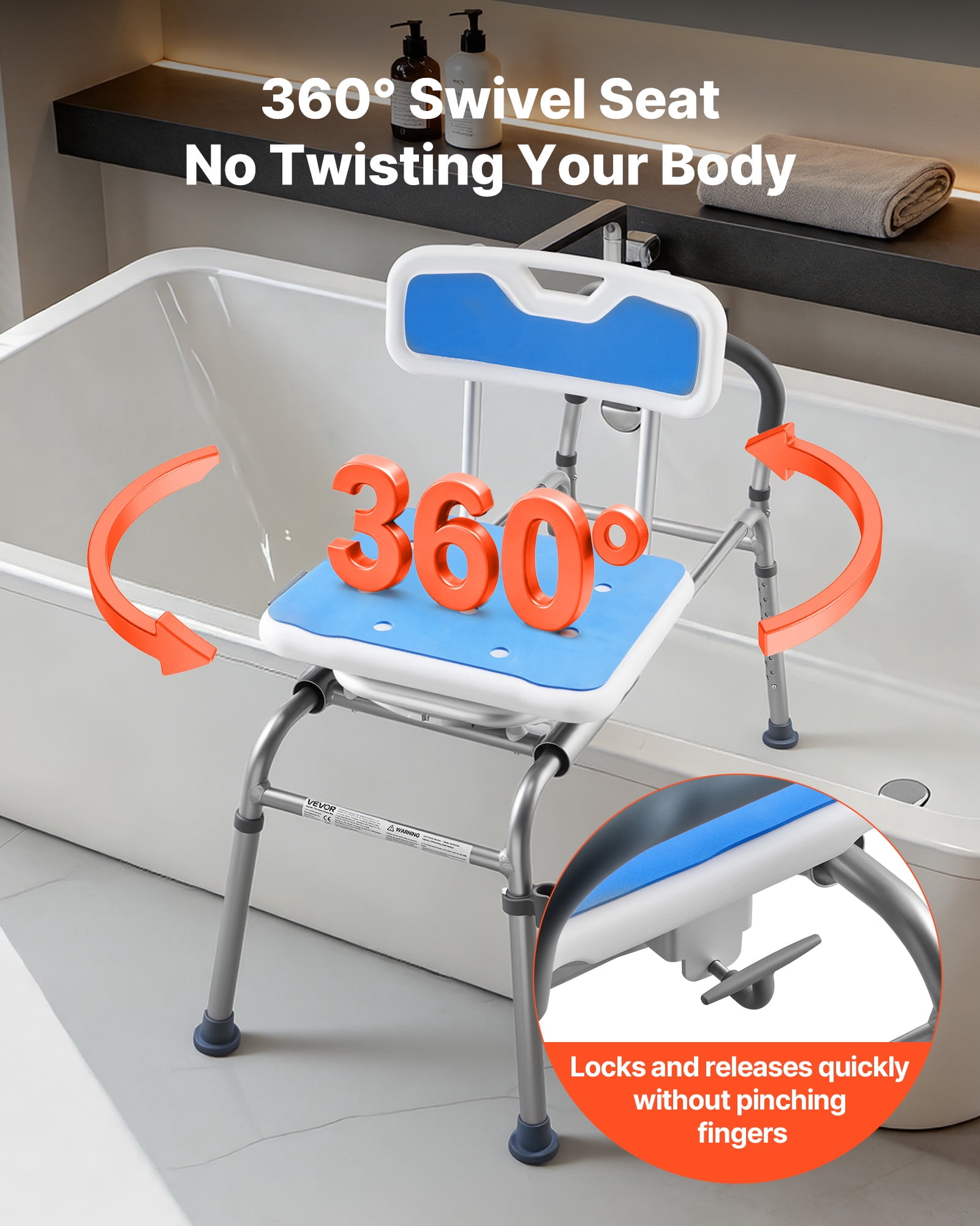 VEVOR Sliding Shower Chair, 400 lbs Tub Transfer Bench for Bathtub with Swivel Seat, Padded Shower Bench with Arms and Backrest, Height Adjustable for Handicap, Adults, Seniors, Elderly and Disabled