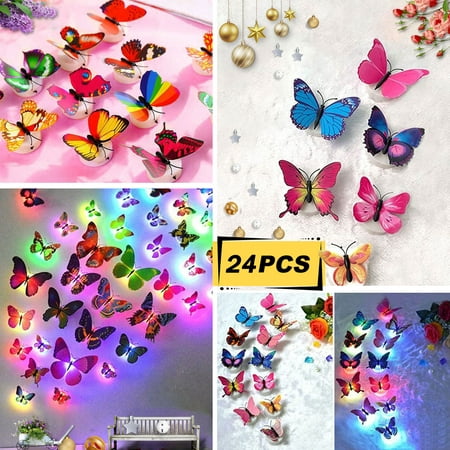 24 Pcs Luminous Butterfly 3D Wall Sticker, LED Auto Color Changing DIY Home Wall Decoration Night Light Butterfly Sticker Wall Decals Removable for Wall Art Decoration Kids Room Bedroom Living Decor