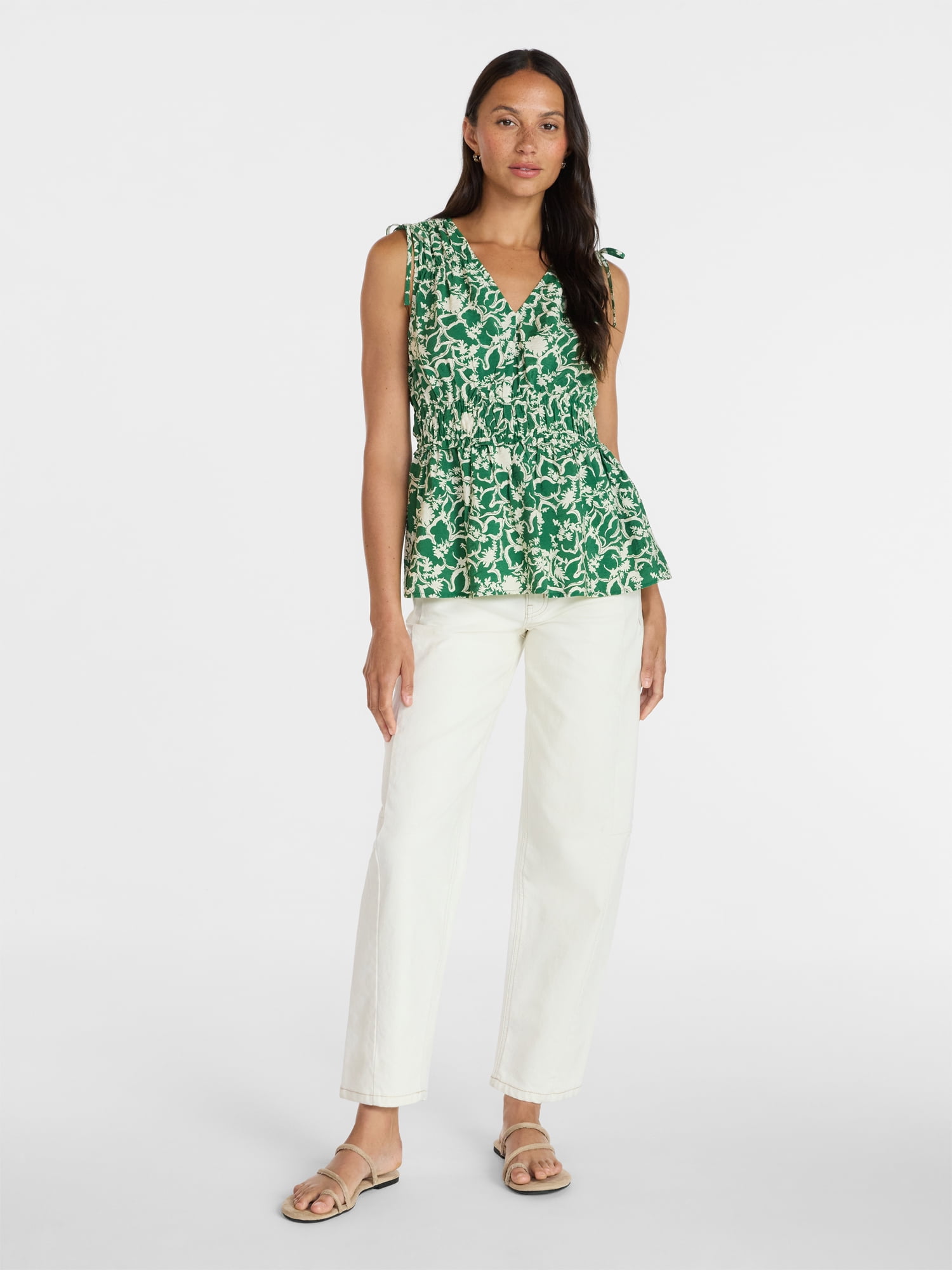Time and Tru Women's Ruched Tie Shoulder Top, Sizes XS-XXXL