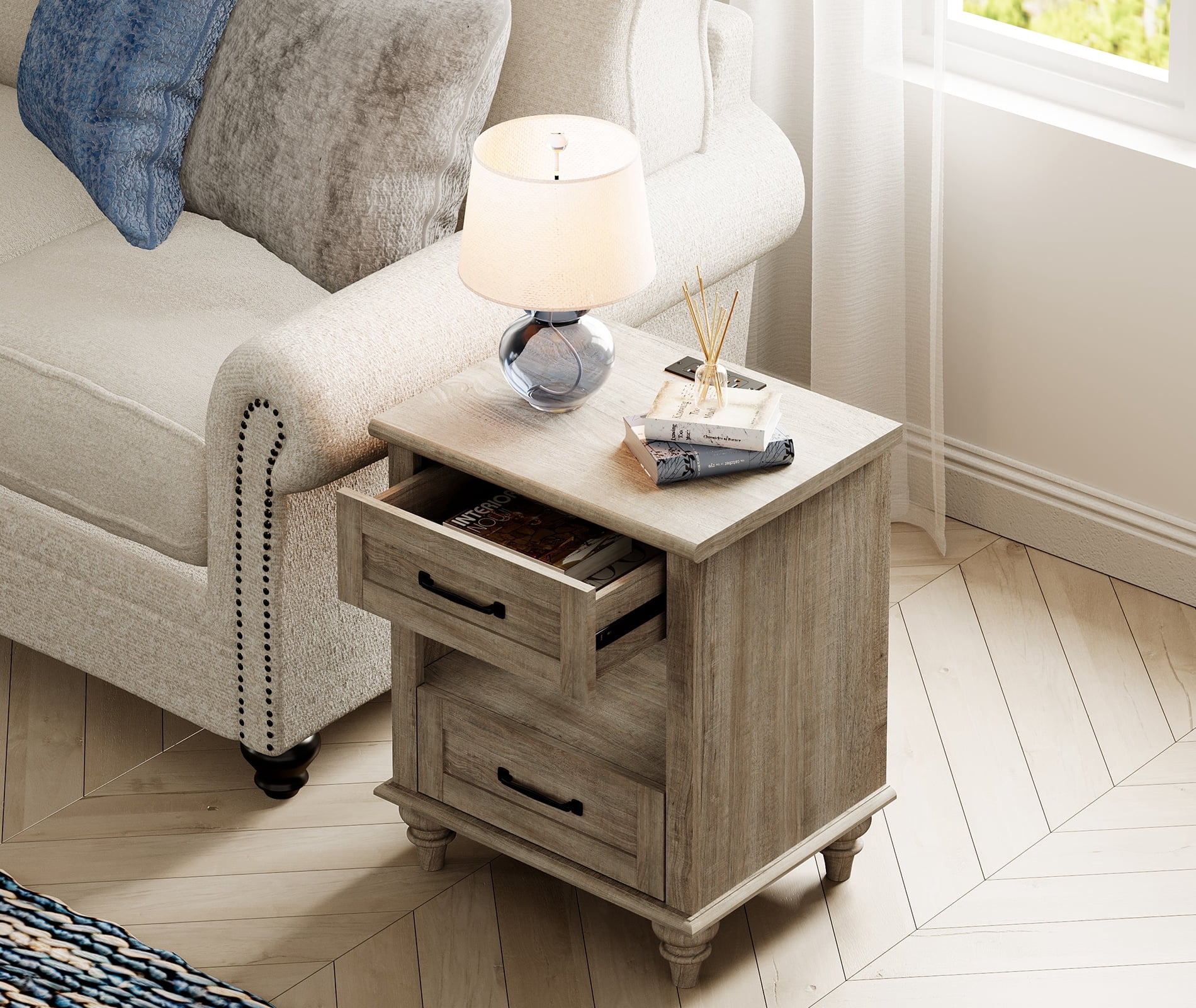 Side Table with 2 Drawers & Open Shelf, Farmhouse End Table with Charging Station, Wooden Nightstand for Bedroom & Living Room, Grey