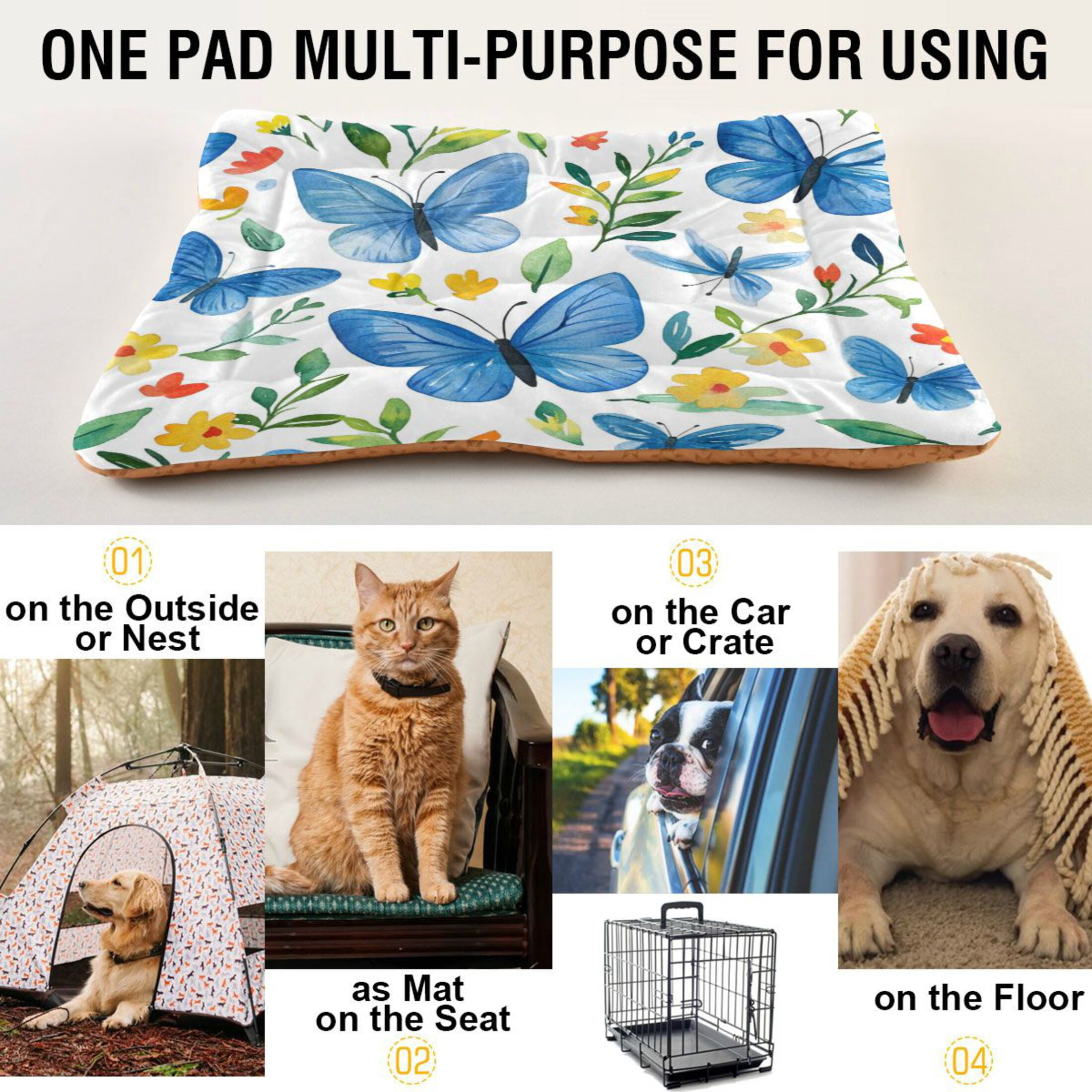 Qxltty Blue Butterfly Ped Pad Wear-resistant and Hard to Bite Through Sleeping Pad for Small Medium Large Dogs Winter Pet Bed 36×24in