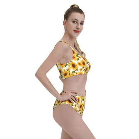 Goofa Yellow Polka Dot Sunflower Pattern High Waisted Bikini Set - Two Piece Swimsuit for Women  Summer Bathing Suit Trendy Swimwear-XX-Large