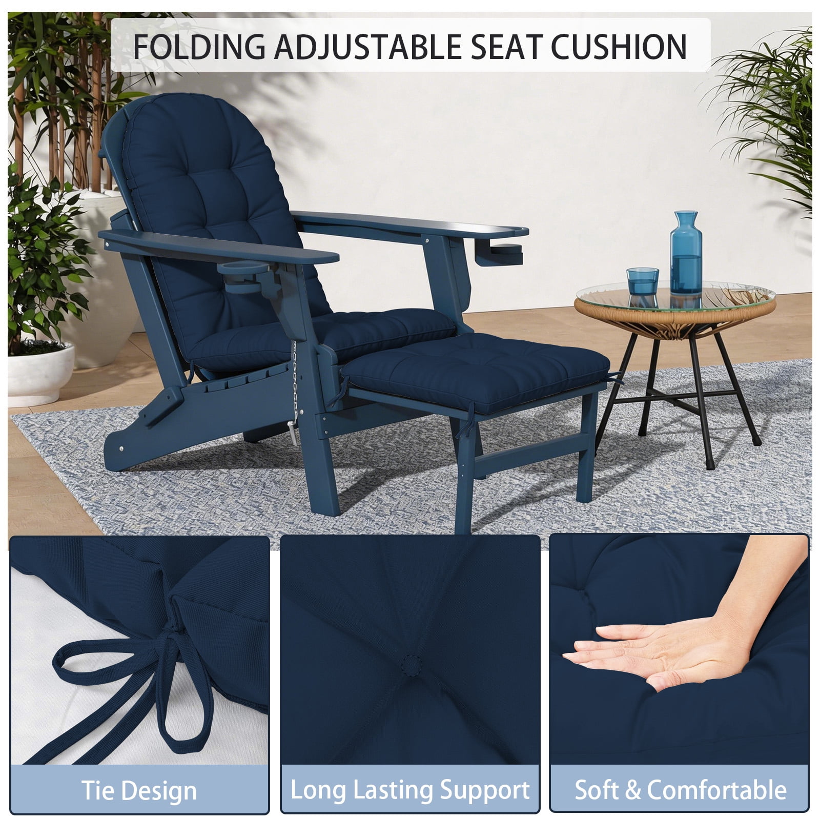 HONEY HOME Outdoor Adirondack Chair Cushions, 44x19x4 inch Waterproof Rocking Chair Cushion and 17x19 Ottoman pad for Patio, Garden