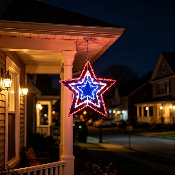 BiFandian Patriotic Star Window LED Decor Light, Battery Operated Illuminated Accent with Suction Cup Mount, Festive Hanging Ornaments for 4th of July Memorial Independence Day Decoration