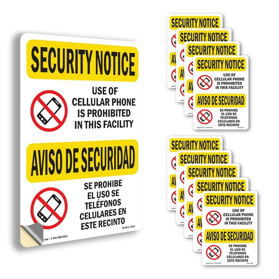 Cellular Phone Prohibited Bilingual OSHA Security Notice Vinyl Decal Label 7 Inch x 5 Inch - 10 Pack