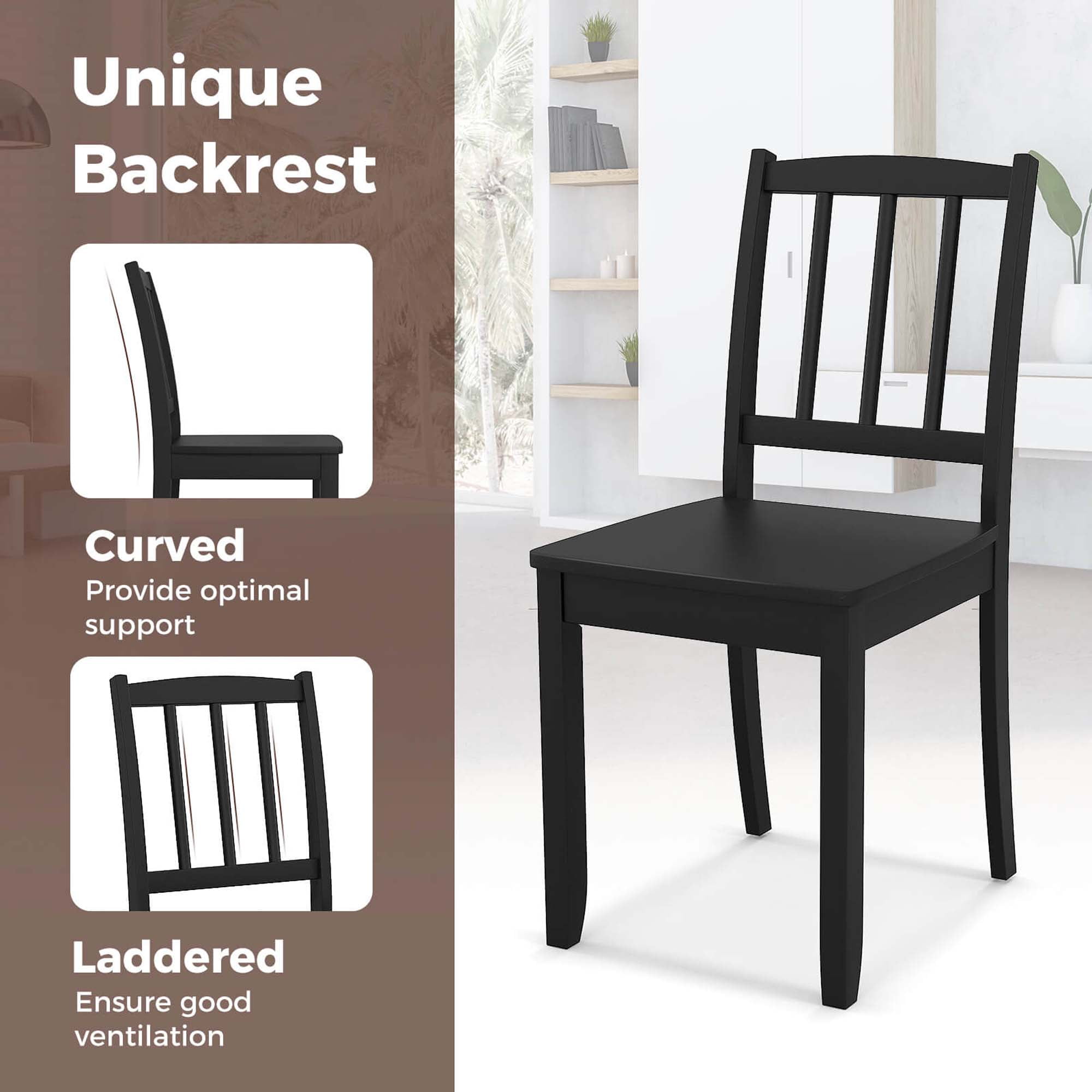 Costway Wood Dining Chair Set of 2 with Rubber Wood Legs Curved Backrest for Kitchen Black