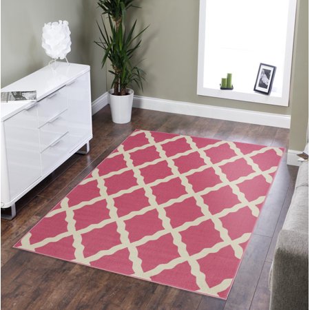Ottomanson Glamour Non-Slip Rubberback Moroccan Trellis 5x7 Indoor Area Rug  5  x 6 6   Hot Pink