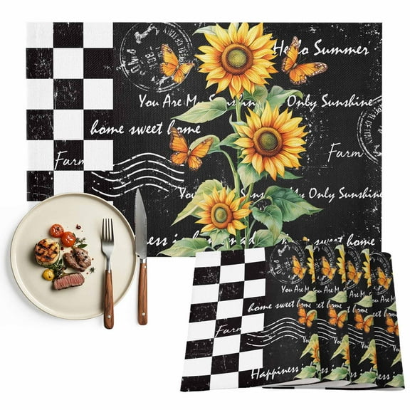 Vintage Sunflower Butterfly Placemat of 1 PC, Farmhouse Black White Checkered Plaid Table Mats Washable Heat-Resistant Non-Slip Place Mats for Kitchen Dinner Table Indoor Outdoor Decor,13x19 Inch