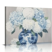 JRXY Blue and White Chinoiserie Hydrangea Canvas Wall Art Oriental Chinese Porcelain Vase Blossom Flower Picture Poster Prints Framed for Bedroom Bathroom Home Decor Ready to 16x12in