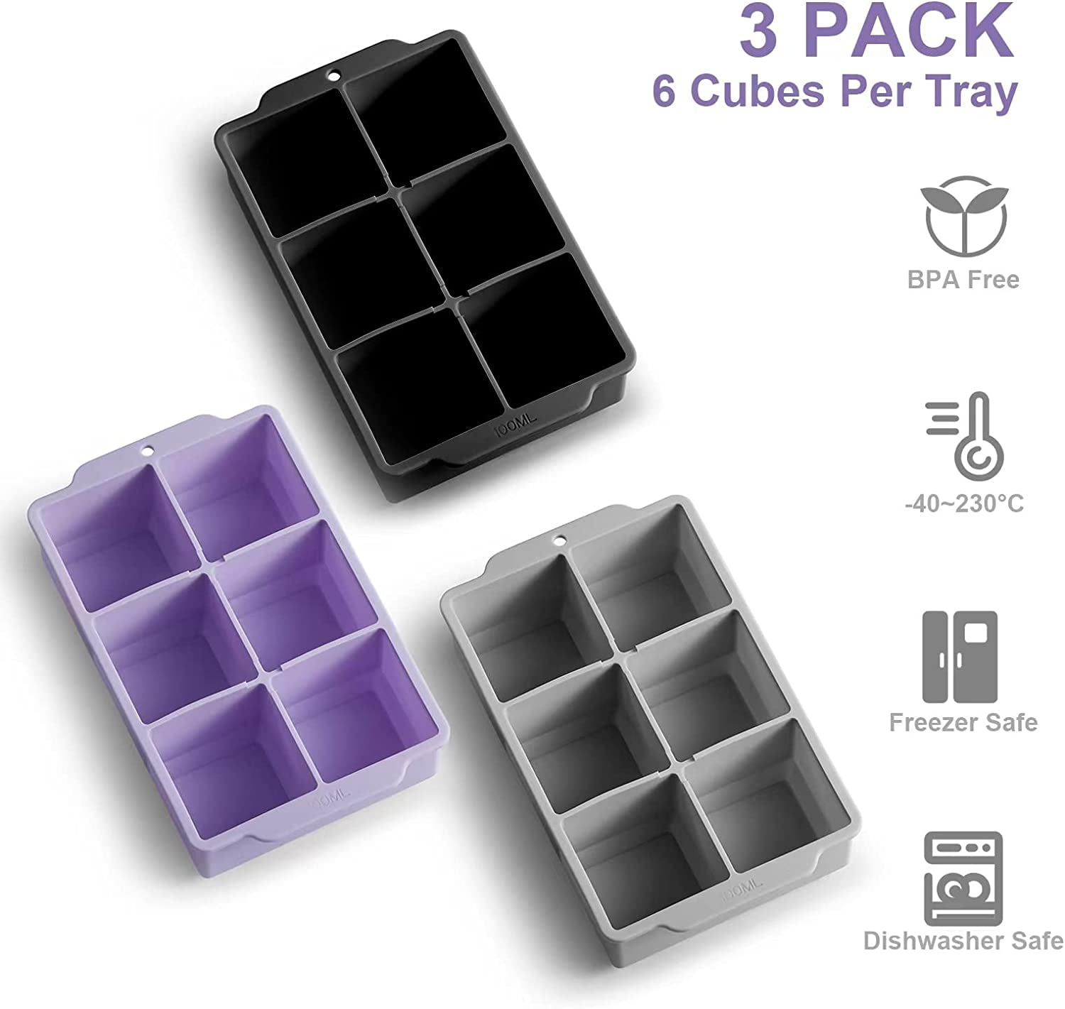  Large Ice Cube Tray with Removable Lid, 3PCS Big Square  Silicone Ice Cube Molds, Reusable Silicone Mold for Whiskey Cocktail  Bourbon Soups Frozen Treats : Home & Kitchen