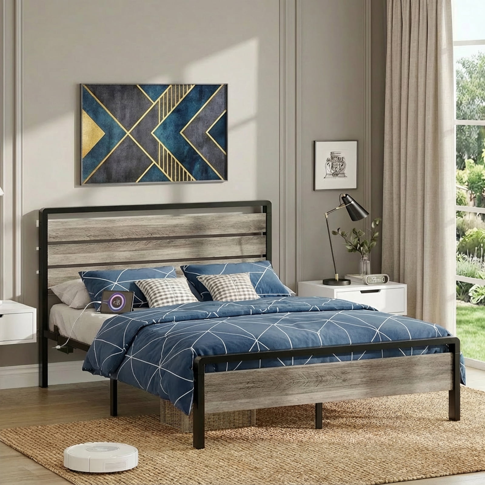 Ktaxon King Bed Frame with LED Headboard & Footboard, Metal Platform Bed with Charging Station, Gray