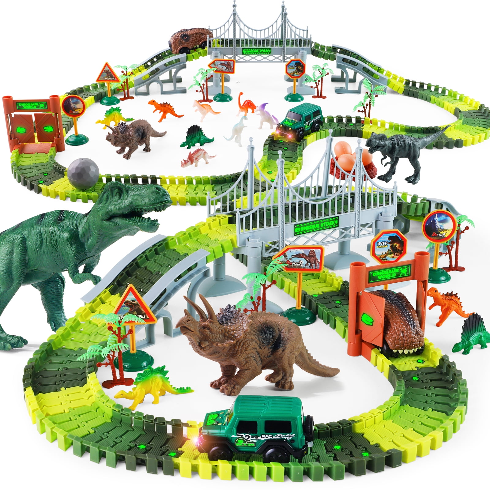 NETNEW Dinosaur Race Car Track with Glow-in-the-Dark