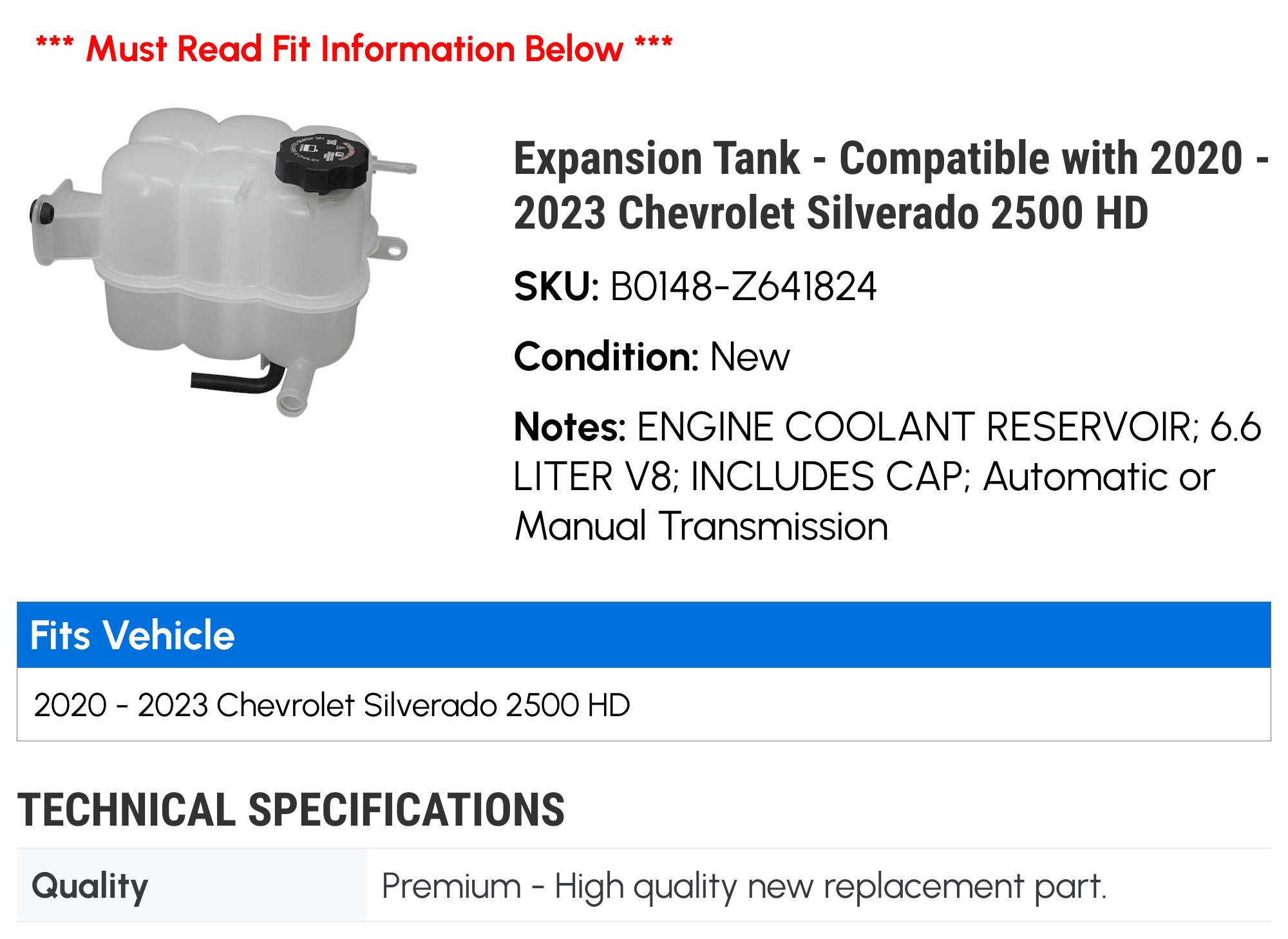 Expansion Tank - Compatible with 2020 - 2023 Chevy Silverado 2500 HD 2021 2022
