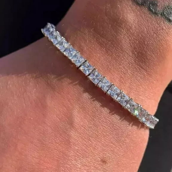 Mens Tennis Bracelet 10Ct Princess Cut Lab Created Diamond 14K White Gold Plated