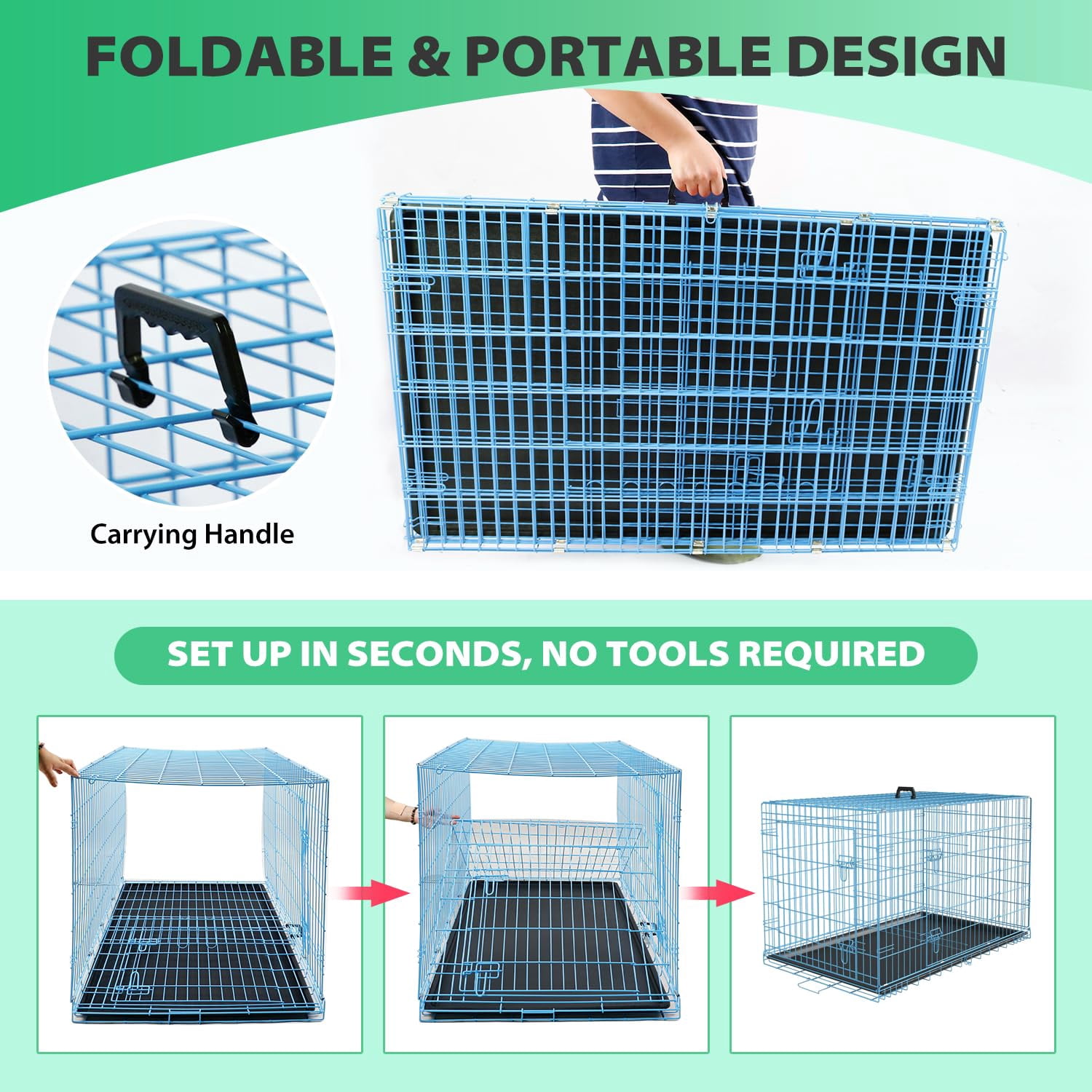 XF XINFENG 24 Inch Dog Crates for small dogs Folding Metal Kennel with Double Doors Leakproof Tray Portable Dog Cage for Travel, Indoor & Outdoor Use Blue