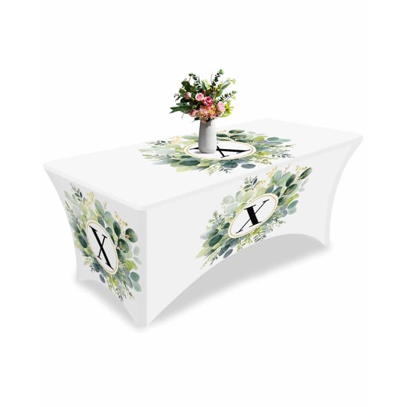 Fitted Tablecloth 6ft Letter X Rectangular Tablecloths Stretch Spandex Table Cover Washable Elastic Alphabet Green Eucalyptus Leaves Table Cloth Protector for Dinner Party Wedding Banquet