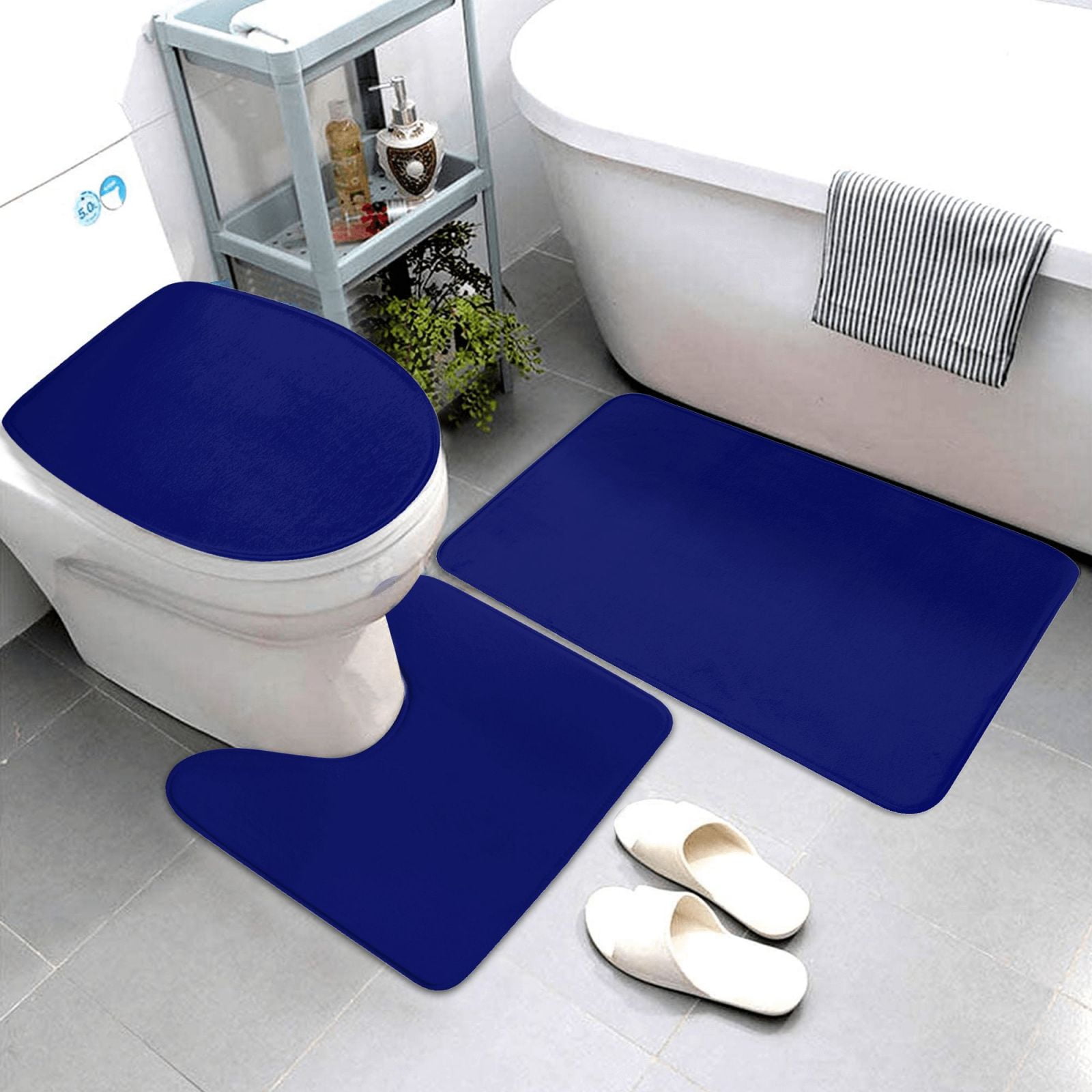 Bathroom Rugs Sets 3 Piece - navy-blue Absorbent Non Slip Bath Mats, U-Shape Toilet Lid Cover, Contour Mat, Soft Washable Shower Mats Bath Rug Mat for Bathroom Tub Toilet