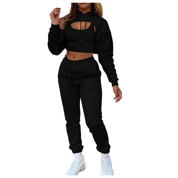 Workout Sets for Women Casual 3 Piece Outfits Solid Sweatshirts Crop Top  And Trousers Pants Track Suits Sweatpants 