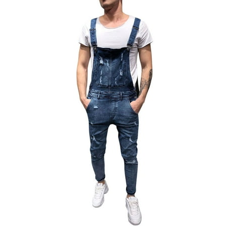 MHFRRA Mens Bootcut Jeans Men s Overall Casual Jumpsuit Jeans Wash Broken Pocket Trousers Suspender Pants Size M