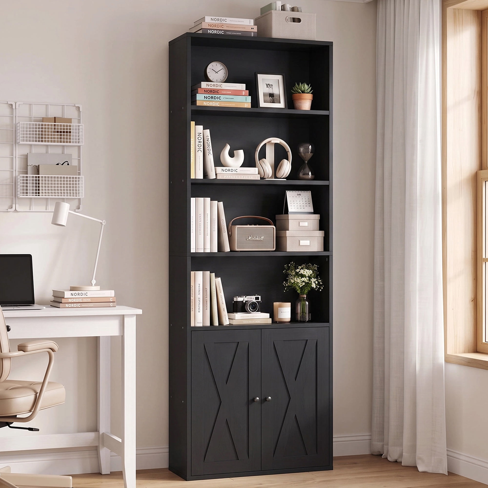 Walsunny Bookcase with Doors, 6-Tier Bookshelf with Storage, Farmhouse Bookshelves with Cabinet, Storage Display Shelf for Living Room Home Office, Black