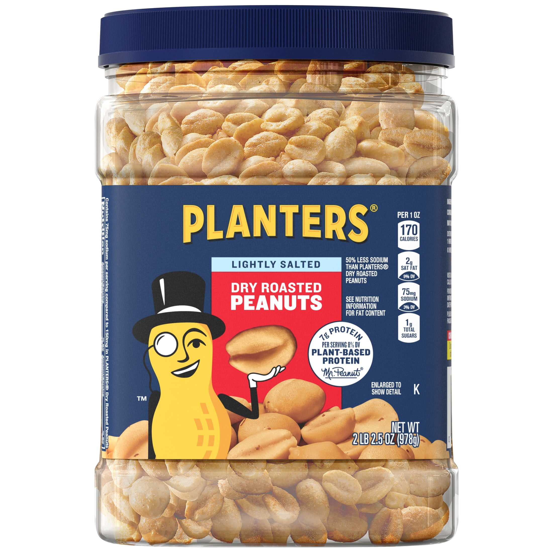 (6 pack) PLANTERS Lightly Salted Dry Roasted Peanuts, Party Snacks, Plant Based Protein, 2.16 lb Canister