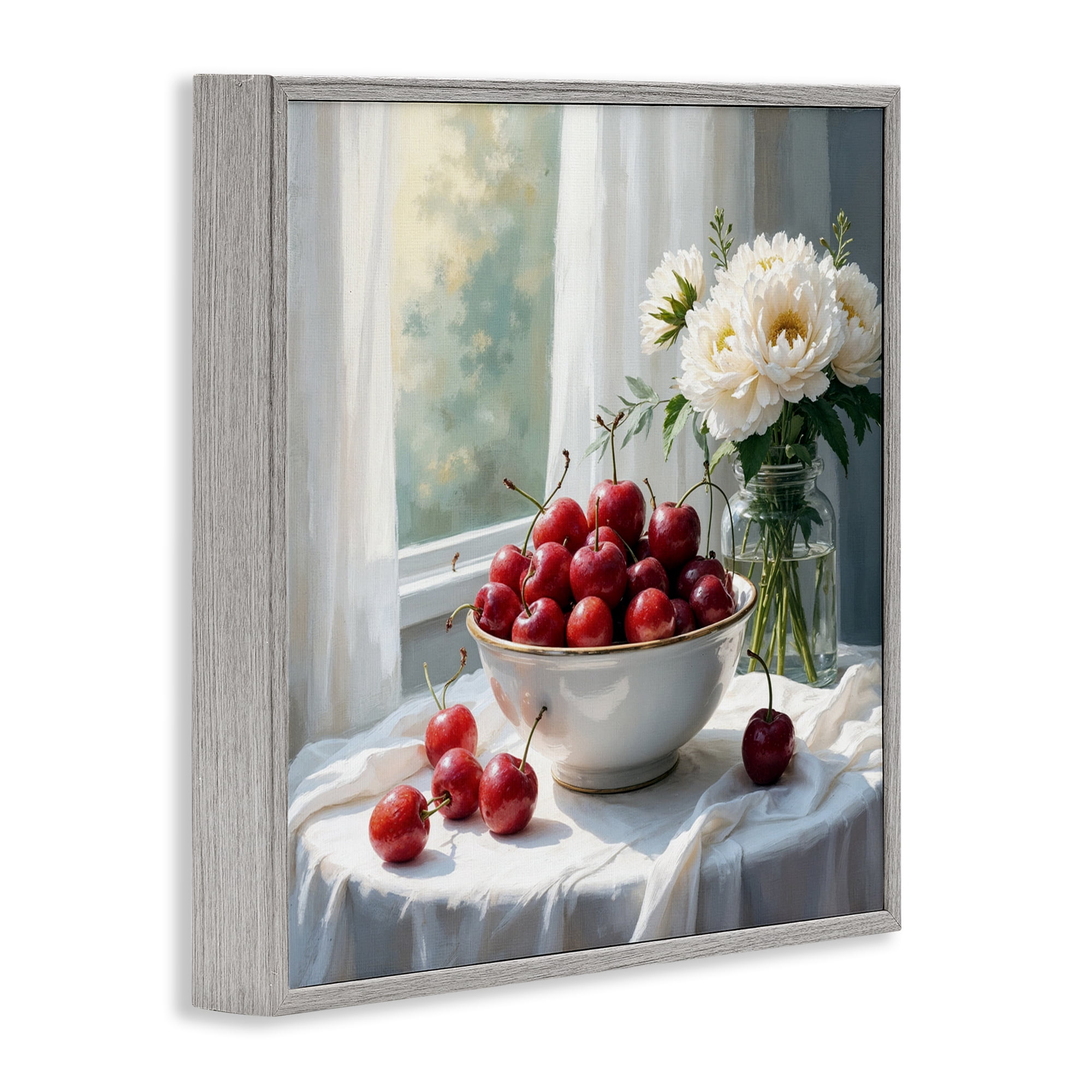 Cherries & Flowers Still Life Gray Framed Giclee Art, design by Lettered and Lined