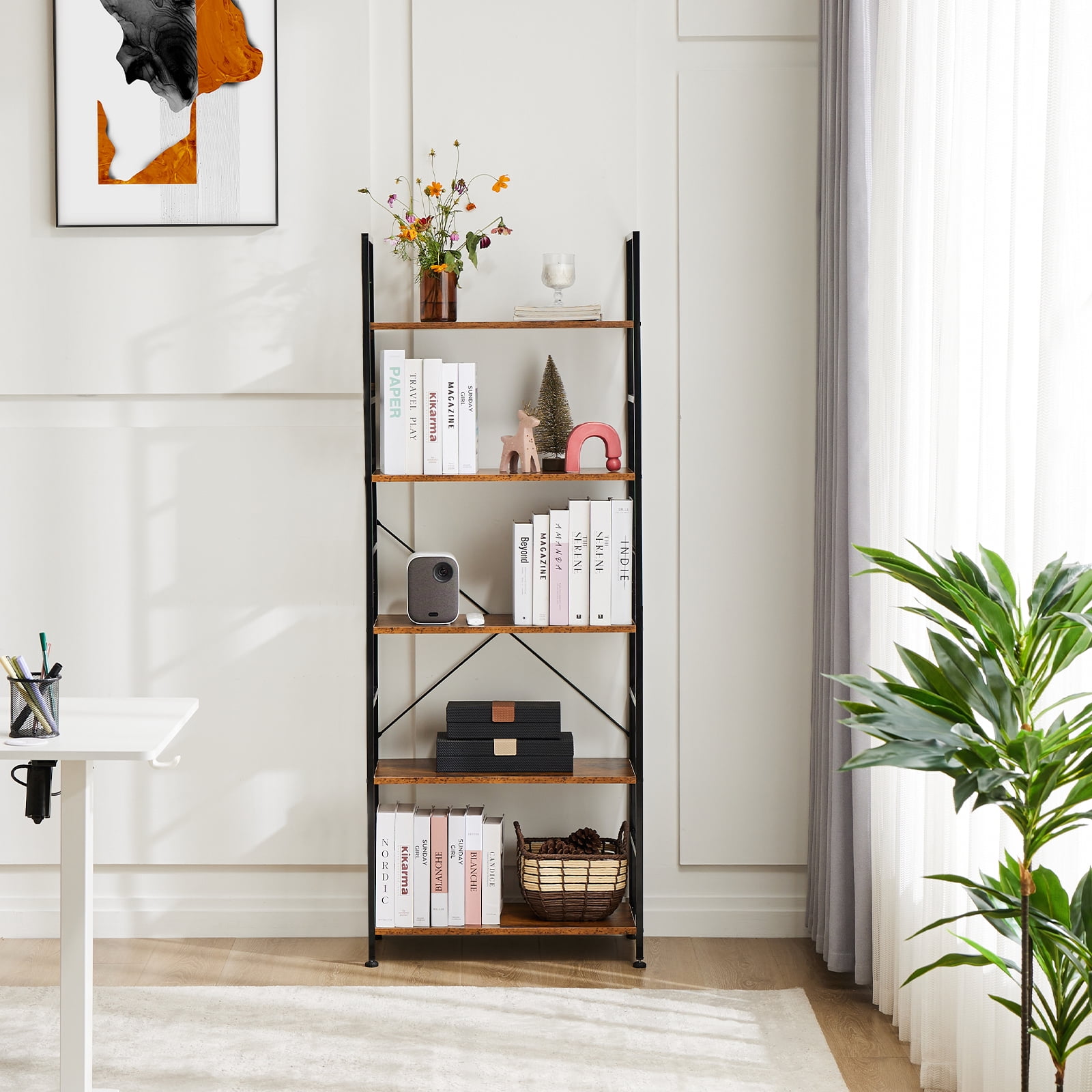GIANNA 5-Shelf Wood and Metal Storage Shelf with Adjustable Feet, Waterproof & Scratch-Resistant, Rustic Brown