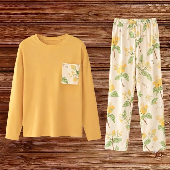 Njagoc3 Women's Long Sleeve & Pant Pajama Set - Yellow & Pumpkin Print Cozy Fall & Halloween Home Wear