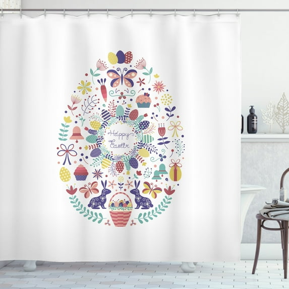Easter Bunny Shower Curtain, Cursive Happy Easter Typography Spring Season Bells Baskets Rabbits Tea Time, Fabric Bathroom Set with Hooks, 69"W X 84"L Extra Long, Multicolor, by Ambesonne