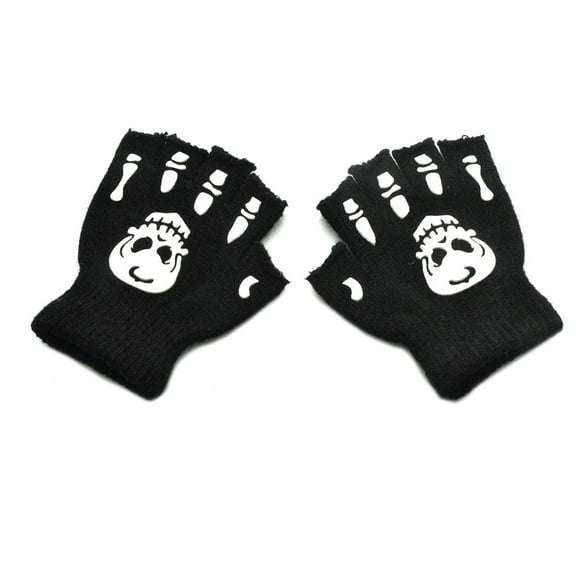 Yokua Kids Warm Knit Gloves Halloween Skeleton Half Finger Glow in the Dark Mittens
