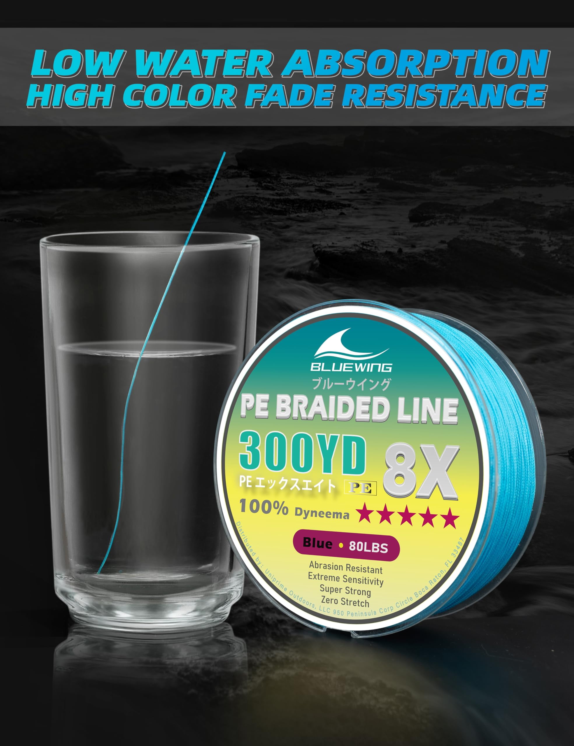 BLUEWING Braided Fishing Line 8 Strands PE Braid Fishing Lines Thin Diameter & Abrasion Resistant Fishing String for Saltwater Fishing 120LBS 300YD Blue