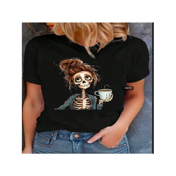 Women'S Casual Round Neck T-Shirt with Anime Print And Applique Details for Summer
