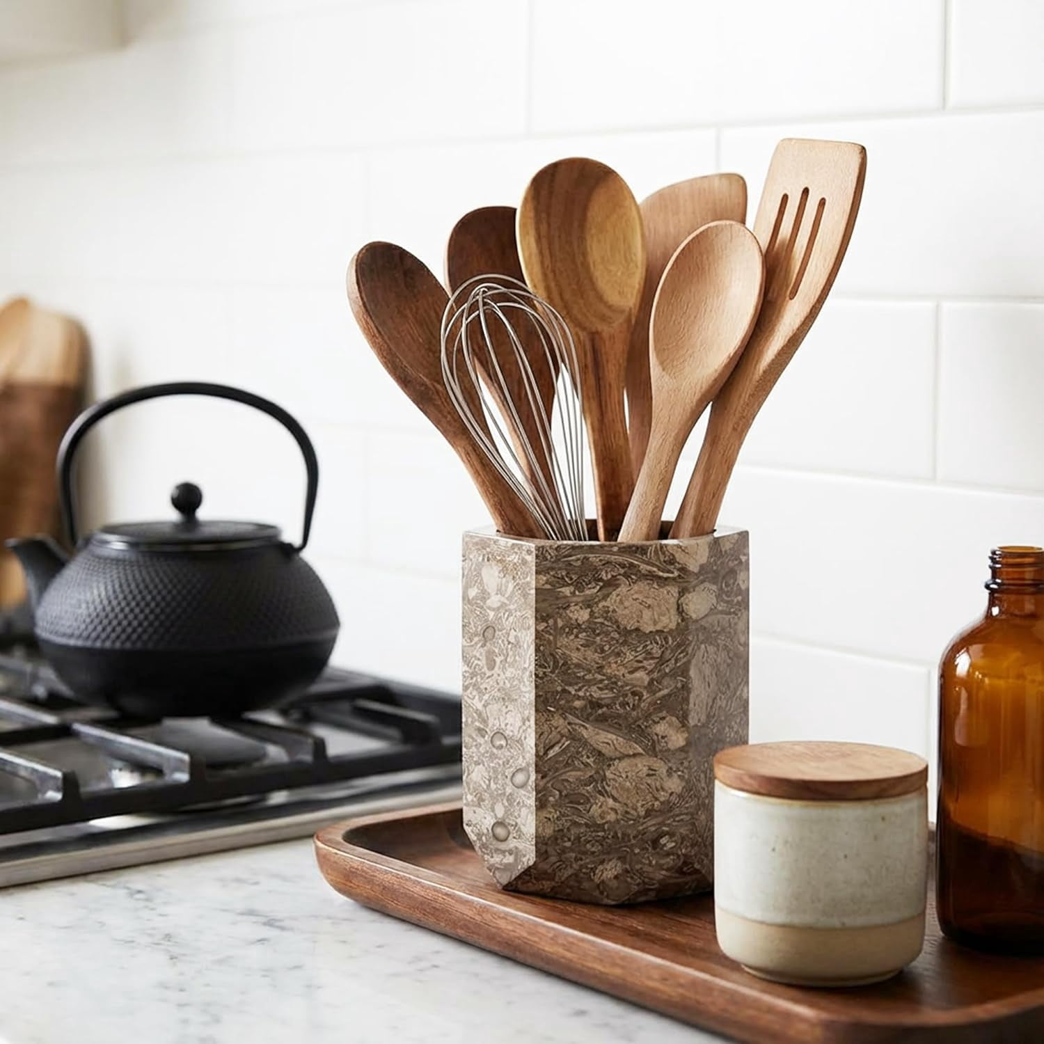 Elborse Marble Utensil Holder 6.5 inches Oceanic Handmade Spatula Set for Kitchen Counter, Ideal Cooking Utensils Jar & Kitchens Essentials Organizer, Utensil Caddy & Spoon Holder