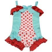 Angle View: Little Girls Aqua Red Polka Dot Print Bows Ruffle One Piece Swimsuit 2T
