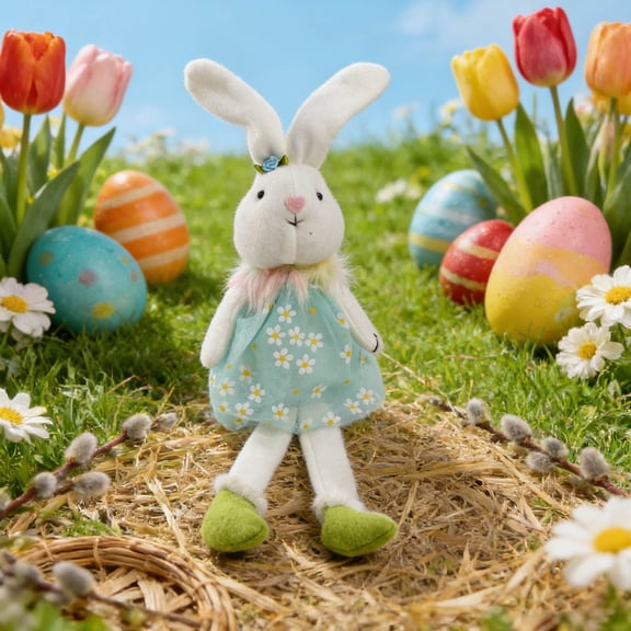 Cadancy Easter Bunny Stuffed Animal Plush Rabbit Toy with Dress Soft Doll Spring Home Decoration Kids Girls Gift Bedroom Holiday Shelf Sitter Ornament(Blue)