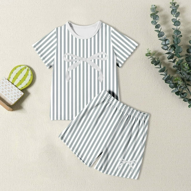 Ensemble de Pyjama d'Été pour Filles Style Coréen Confortable à Rayures Manches Courtes Deux Pièces pour Usage Quotidien et Extérieur