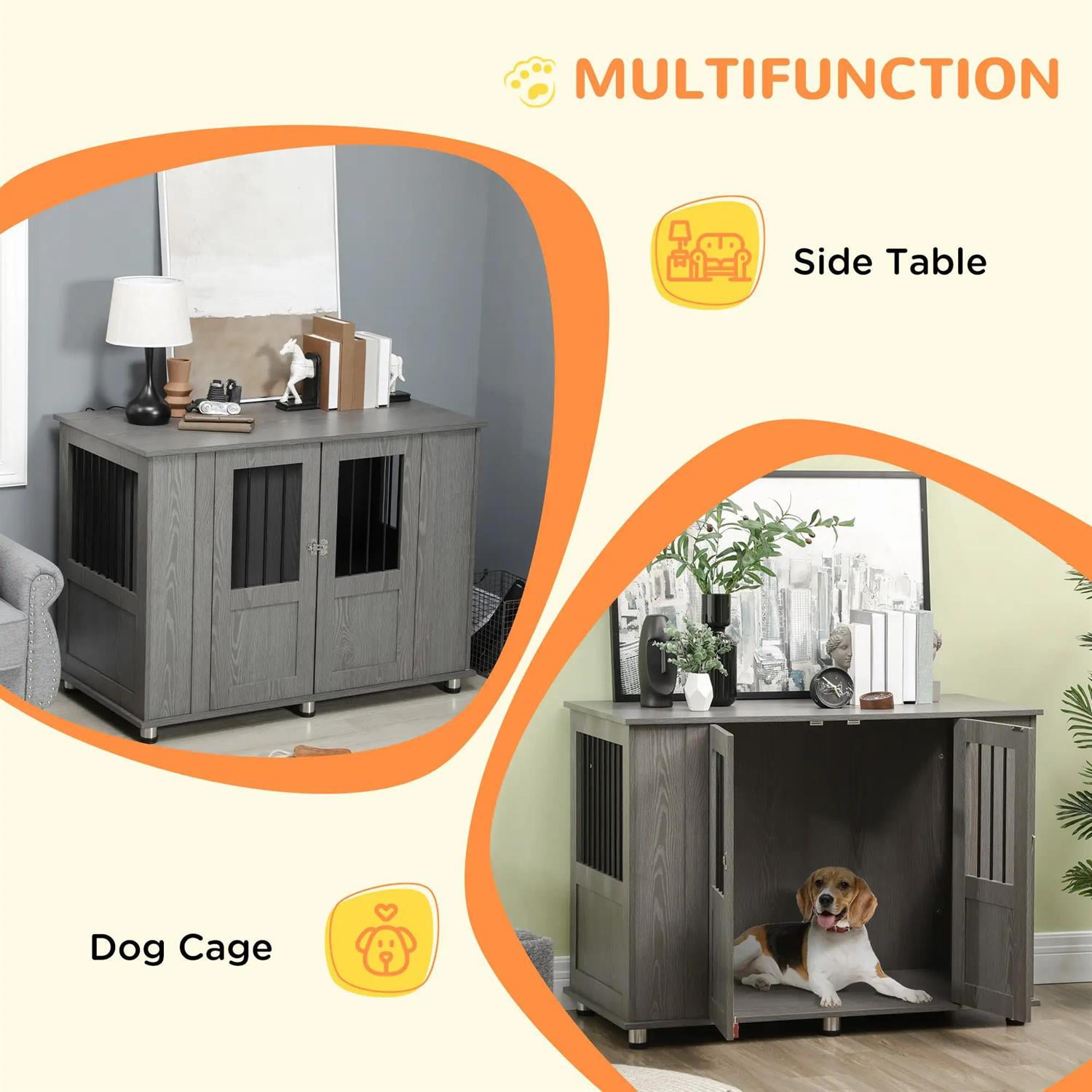 Pefilos 45" Dog Crate Furniture with Lockable Magnetic Doors, Wooden Kennel Table, Indoor Dog House for Medium Dogs, Gray