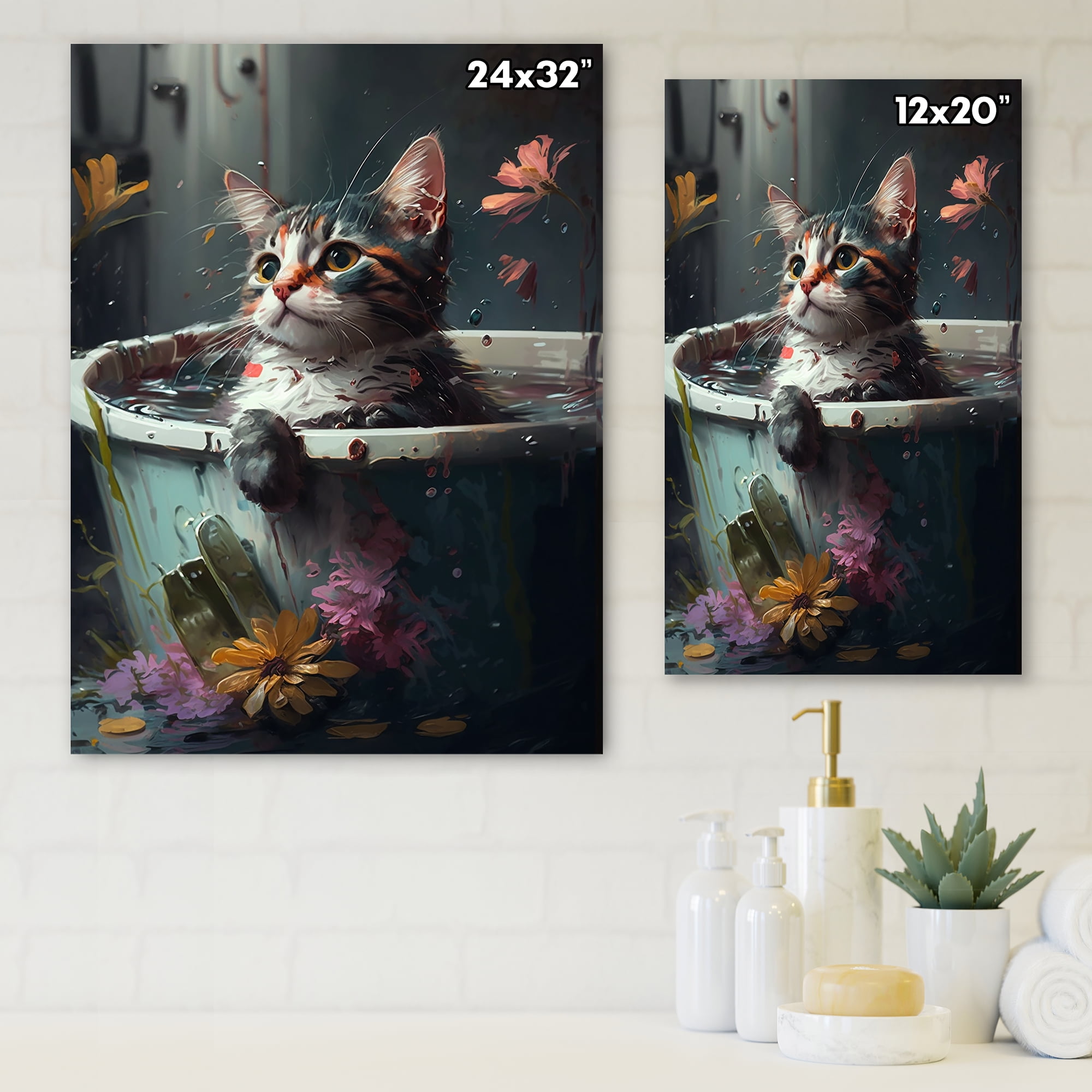 Designart Funny Cat Caricature In The Tub With Flowers II Canvas Wall Art