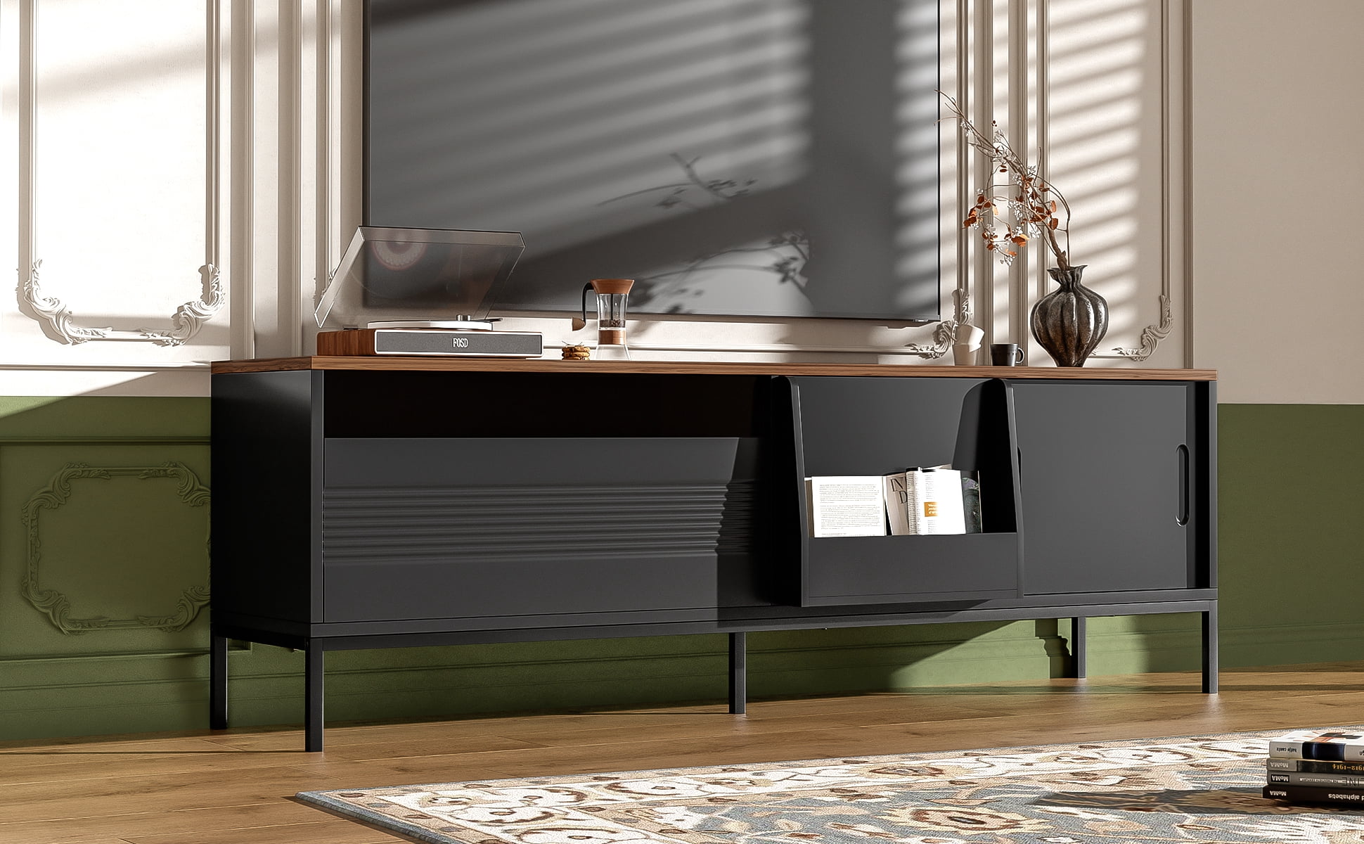 Euroco 70.8'' Modern TV Stand for TVs up to 75 Inches, Entertainment Center with Storage Space, Sliding Doors, Adjustable Shelves and Metal Frame, Mid Century Modern Media TV Console Table