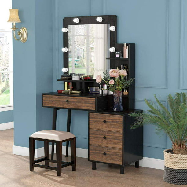 TribeSigns Table with Lighted Mirror, Vintage Dressing Table with Large Drawer and 3-Drawer Chest, Dresser Table for Women (Vintage) - Walmart.com