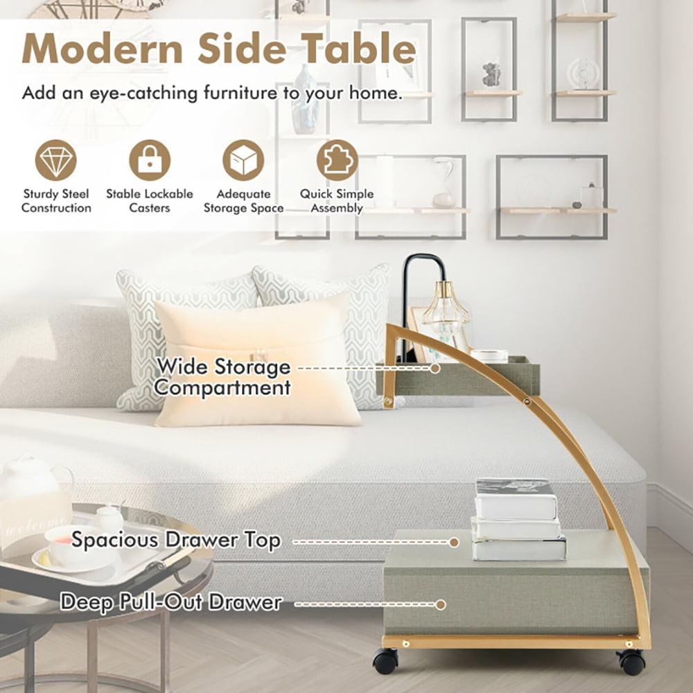Finihen Rolling End Table, Modern 2-Tier Rolling End Table with Tray Top and Pull-Out Drawer, Sofa Side Table, Bed Side Table, for Living Room, Bedroom, Gray Finihen Rolling End Table, Modern 2-Tier Rolling End Table with Tray Top and Pull-Out Drawer, Sofa Side Table, Bed Side Table, for Living Room, Bedroom, Gray