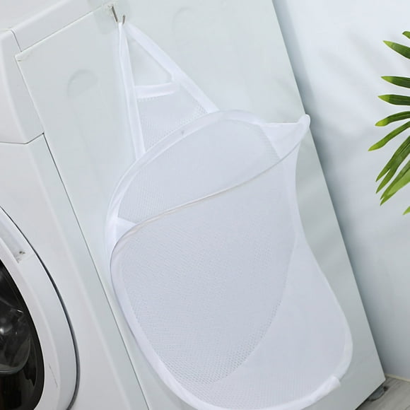 Collapsible Laundry Bag Foldable Laundry Hamper Large Laundry Basket Mesh Wall Mounted for Bathroom with Hook White Mesh