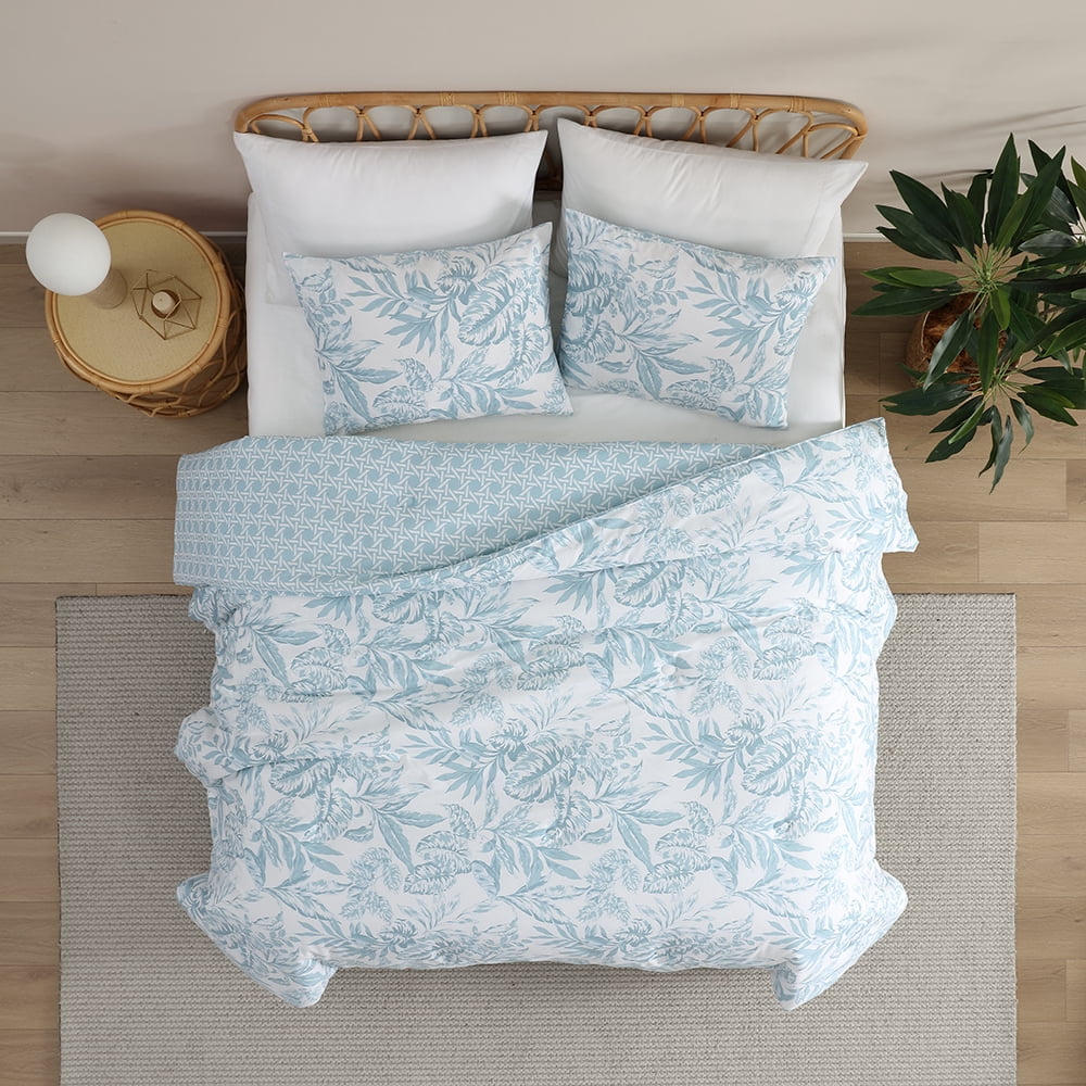 C&C California Printed Leaf Reversible Comforter Set, 100% Cotton, Breathable, All-Season Comfort , 3 piece, King, Blue