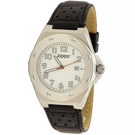 Zippo Casual Watch with White Dial/Black Leather Strap and Brushed Chrome Buckle