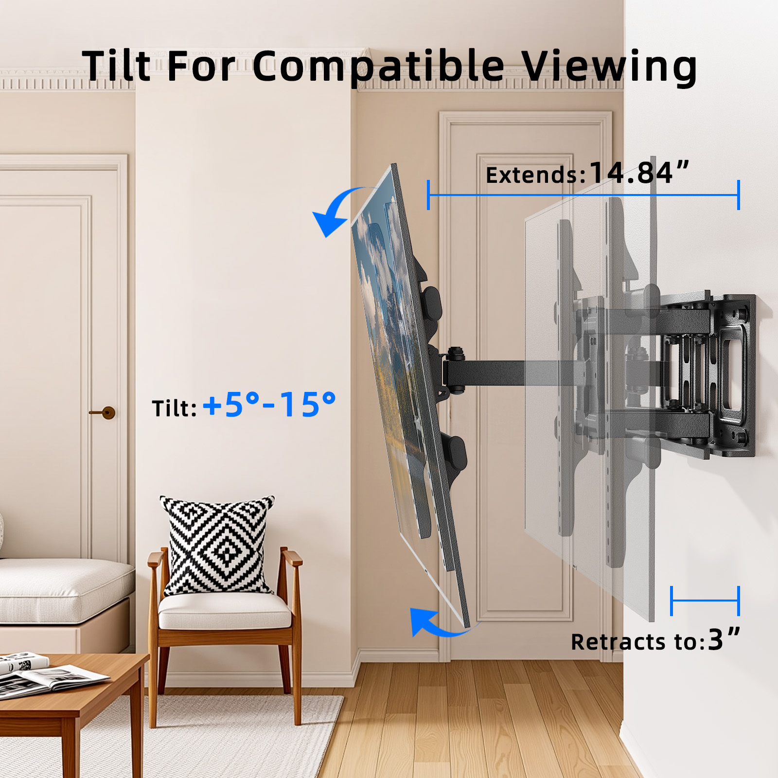 MountFTV Full Motion TV Wall Mount Bracket for Most 37-85 inch Flat Curved TVs, Holds up to 132 lbs, Max 600x400mm