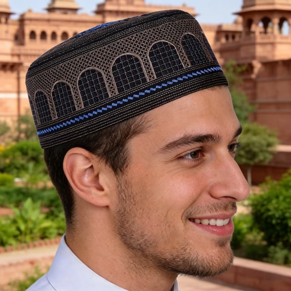 STEDY Men's Embroidered Kufi Prayer Cap, Soft Brimless Skull Cap, Black, Size 58, Worship, Ceremonies and Daily Wear