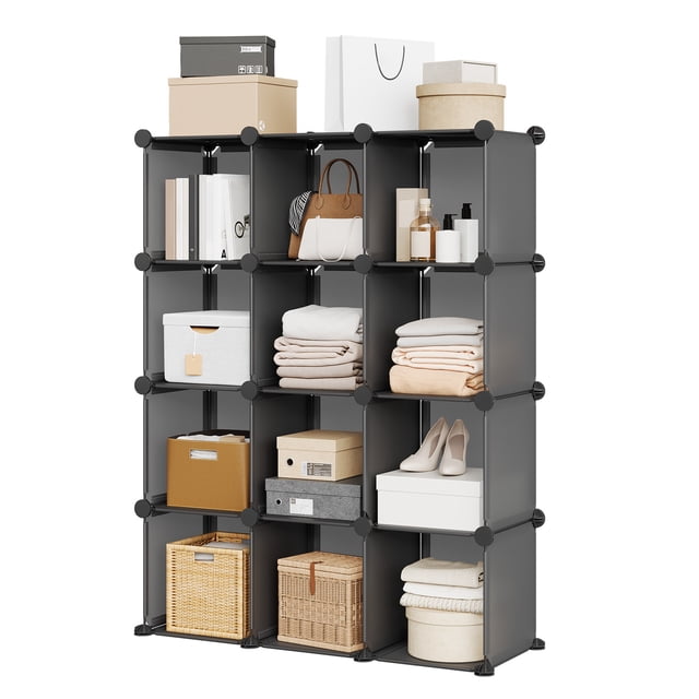12-Cube Entryway Storage Cabinet – Modular PVC Organizer Shelf, Stackable Design for Shoe Rack, Bookcase, or Closet Storage – Easy Assembly, Space-Saving Solution for Home – Black