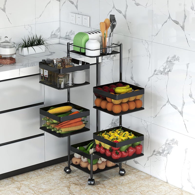5-Tier Rotating Kitchen Storage Cart, Metal Fruit Basket with Wheels, Rolling Kitchen Storage Rack Storage Organizer Serving Cart for Kitchen Bathroom